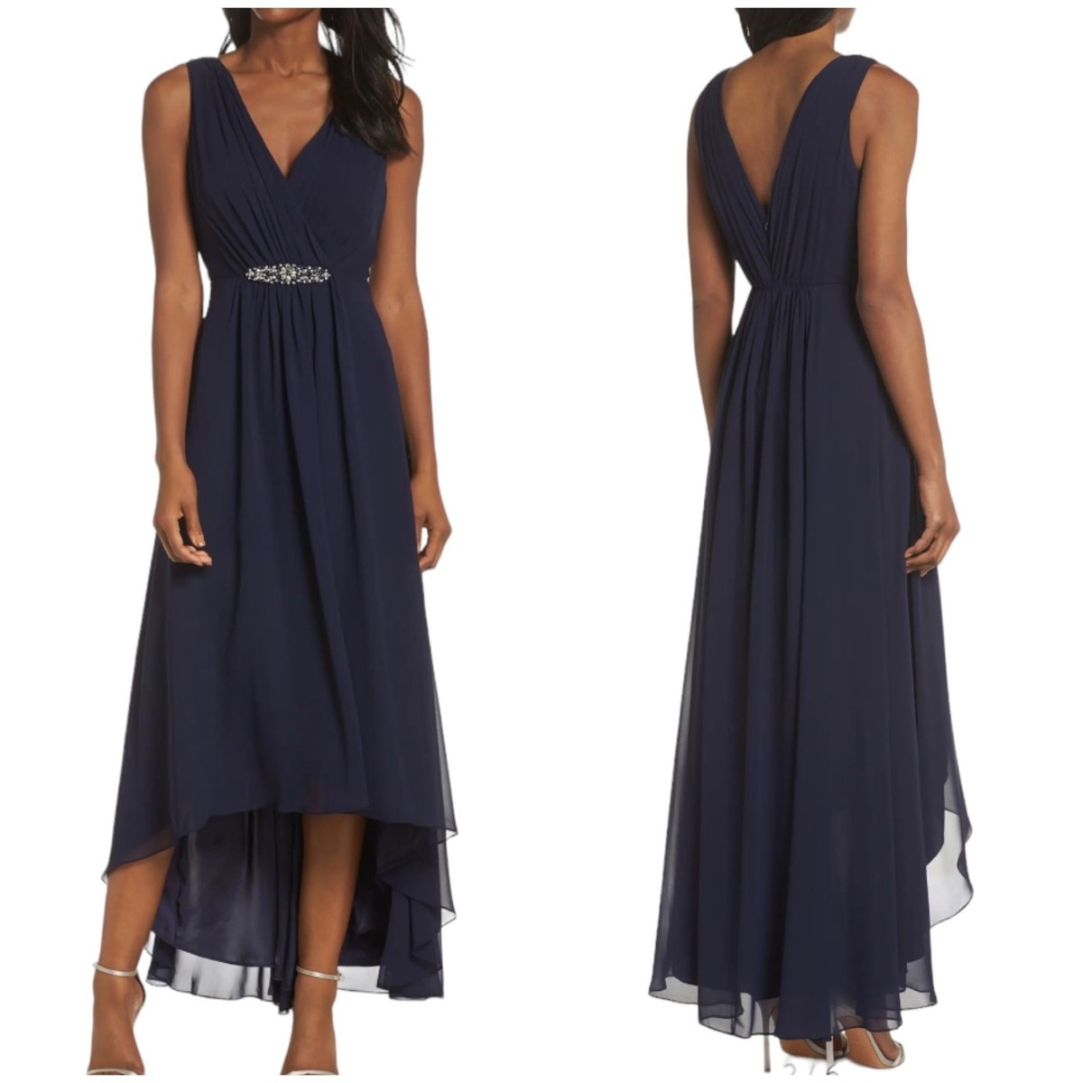 Eliza J NWT Embellished Rhinestone Beaded High Low Chiffon Dress Size 4  Navy | eBay