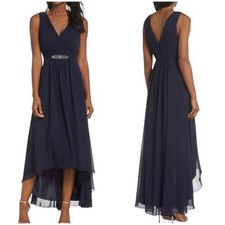 Eliza J NWT Embellished Rhinestone Beaded High Low Chiffon Dress Size 4 Navy 