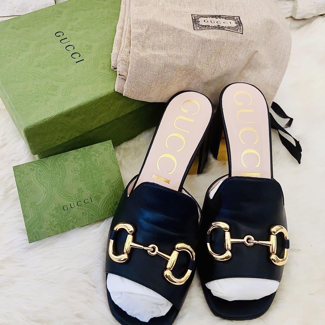 Gucci Womens Black Leather Chunky Heel Mule Sandals Size 7 US Mint