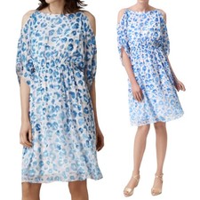 LK Bennett Silk Marnie Dress Cold Shoulder Leopard Print Andaman Blue Womens 10