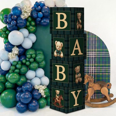 Luxury Equestrian Bear Baby Shower Decoration Green Blue Tartan Plaids Balloo...