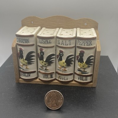 WOODEN SPICE BOX WITH4 SPICE JARS ROOSTER CHICKEN JAPEN