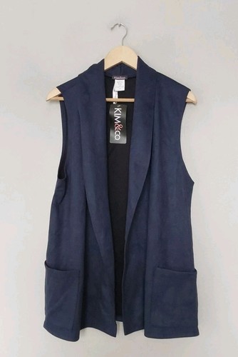 Kim & Co Sleeveless Suede Long Jacket with Sash Navy Blue Large BNWT QVC