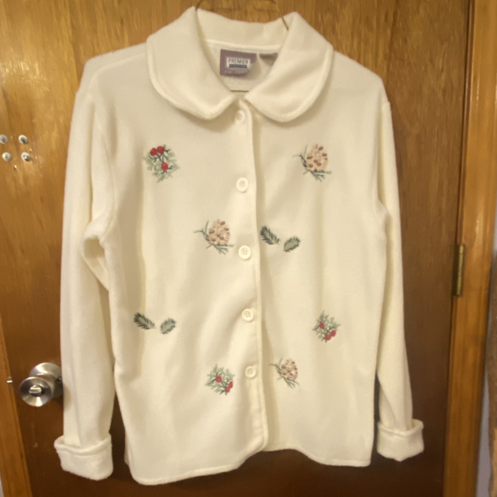 Premier International Ivory Floral Embroidered Button Down Cardigan Sweater L