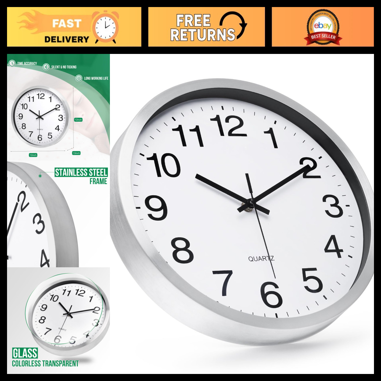 Silent Non-Ticking 12" Wall Clock - Silver Brushed Stainless Steel, Battery Oper