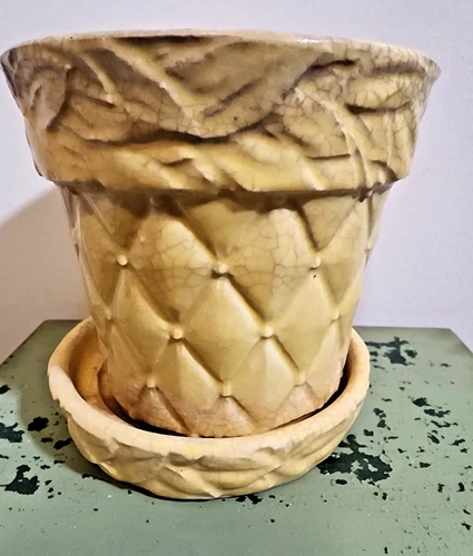 Vintage 1940s McCoy Planter Yellow Diamond Pattern Flower Pot w/ Saucer 3.5”