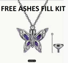 CZ PURPLE BUTTERFLY MEMORIAL URN ASHES CHARM 18"plated 925 Sterling Silver Chain