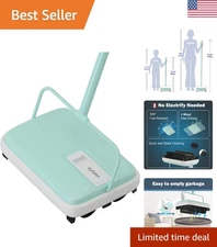 Whisper-Quiet Manual Carpet Sweeper - Lightweight, Mint, Easy One-Touch Cleaning