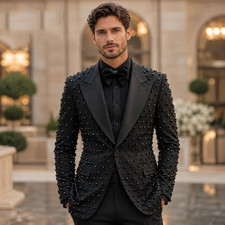 Black Beaded Pearl Men's Suits Peak Lapel Jacket Formal Dinner Party Prom Coat
