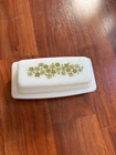 Vintage Pyrex Green Spring Blossom Crazy Daisy Milk Glass Butter Dish w/Lid USA