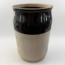 VTG Ceramic Stoneware Crock 9.25” T. x 6” Dia. Brown Beige 1 Gallon Salt Glazed