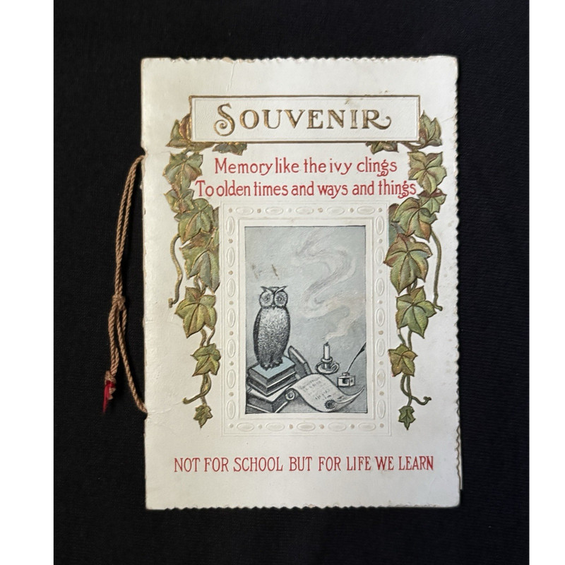 Antique Victorian Souvenir Friendship Booklet Ivy Owl School Motto Mini Book