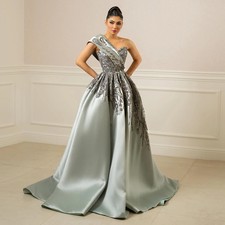 Long Gray Evening Dress A Line Beaded One Shoulder Satin Formal Party Gown