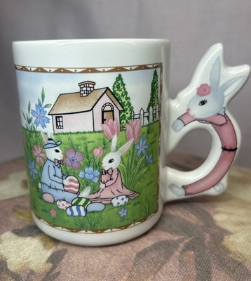 Bunny Rabbit Couple In Meadow Ceramic Coffee Mug with Figural Bunny Handle