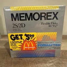 Memorex 2S/2D 5.25" Flexible Floppy Disks 10 Pack IBM Formatted Sealed Box
