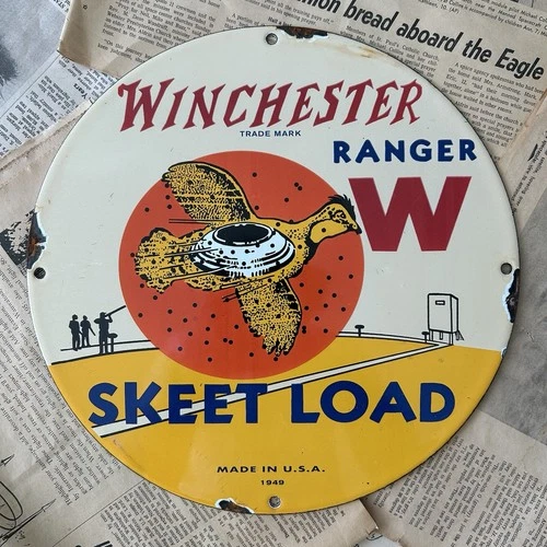 VINTAGE 1949 WINCHESTER SKEET SHOTGUN SHELLS 12 INCH PORCELAIN ENAMEL SIGN