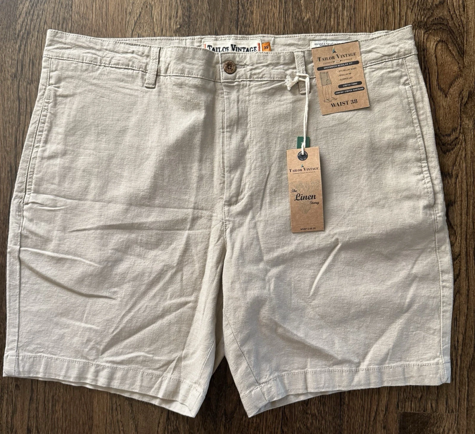 Tailor Vintage NWT Men's 38 Linen Shorts Greenwich Fit Summer Khaki 8" NWT $88