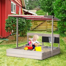 Outsunny Kids Wooden Sandbox with Canopy Kitchen Toys Seat, Storage for Gardens