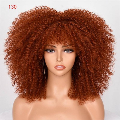 Peluca rizada afro rizada pelucas sintéticas natural sin pegamento marrón rubio con flequillo - Imagen 10 de 20