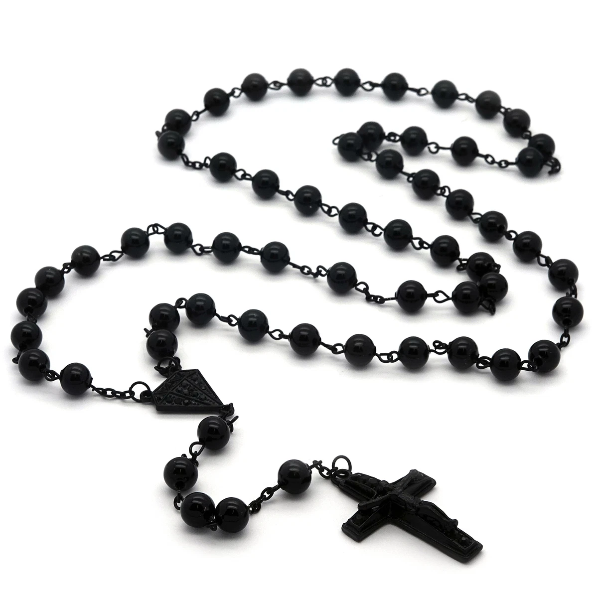 Men s Hip Hop 8mm BLACK Beads D Shape Rosary Jesus Cross Necklace BK