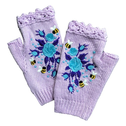 Damen bestickte Handschuhe Blume fingerlos Winter Strickhandschuhe Erwachsene Handschuhe - Bild 16 von 23