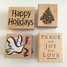 Set of 4 Christmas Rubber Stamps - Tree, Dove, Peace, Happy Holidays, Love, Joy