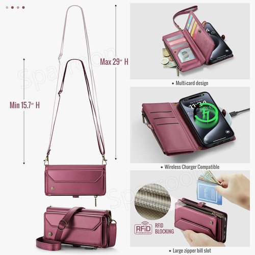 Wallet Case For iPhone 16 15 14 13 12 Pro Max Plus Leather ZIP Bag Strap Cover - Picture 7 of 70
