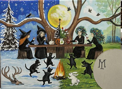 ACEO PRINT OF PAINTING Ryta Pagan Witch Ostara Spring Equinox Black Cat Rabbit