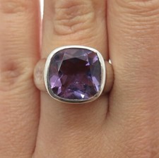 925 Sterling Silver Vintage Real Cushion-Cut Amethyst Modernist Ring Size 7