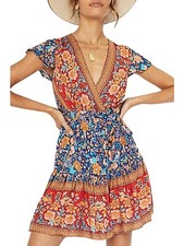 Wrap V Neck Bohemian Floral Print Ruffle A Line Mini Dress, Sz M