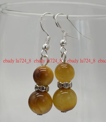 Lovely Charming 8-10mm Yellow Tiger's Eye Round Dorp Dangle Silver Hook Earrings