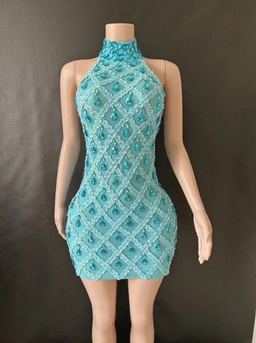 Women Sexy Stage Shining Rhinestone Sequins Dress Evening Prom Birthday Dress - Picture 8 of 41