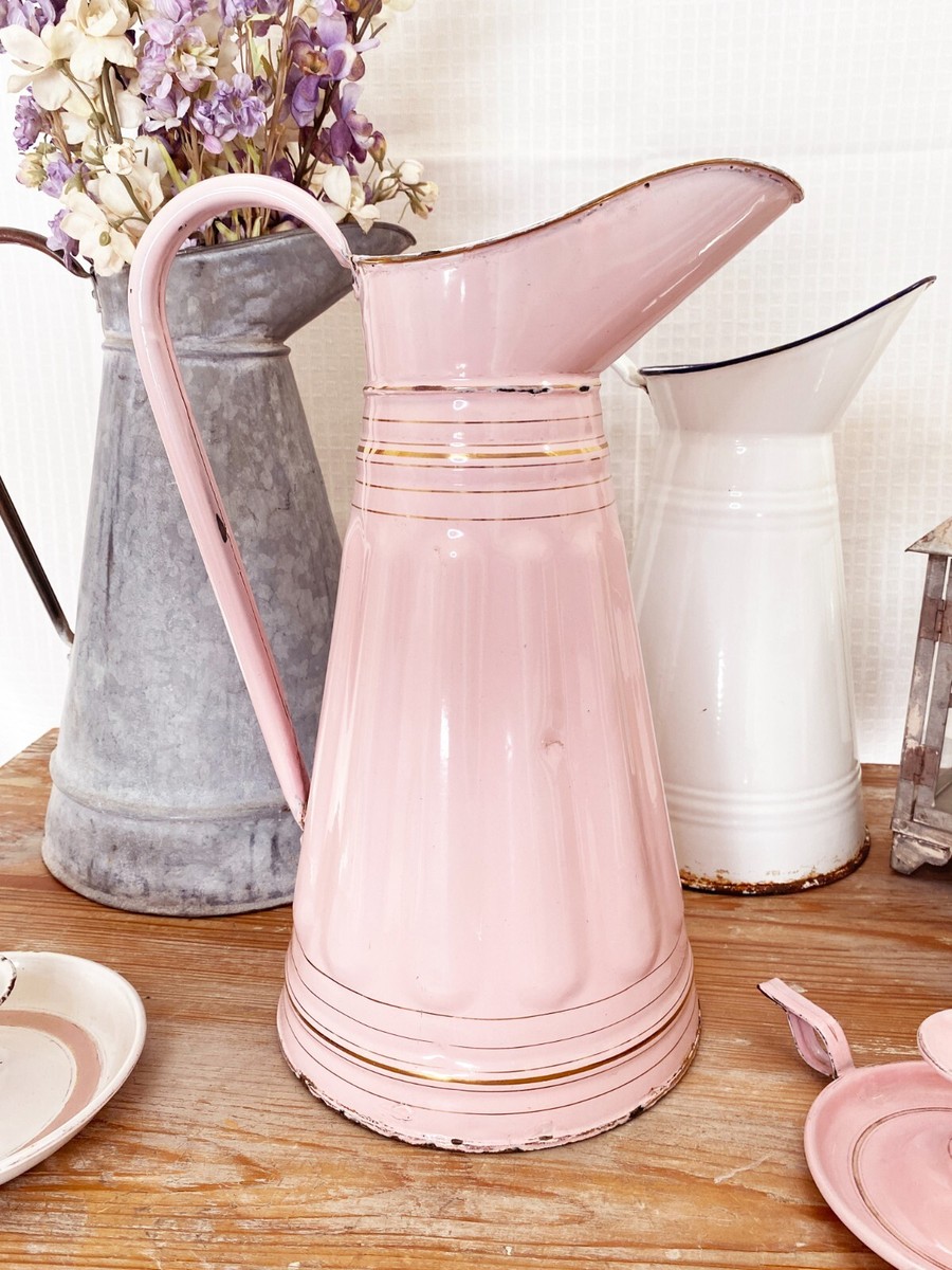 Antique FRENCH ENAMELWARE BODY PITCHER Ribbed w/ Gilt Detail c