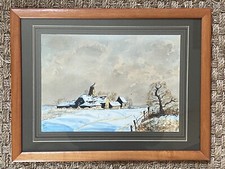 E.N. DAVIS "Snow in the morning sun" Kent oast house watercolour framed original