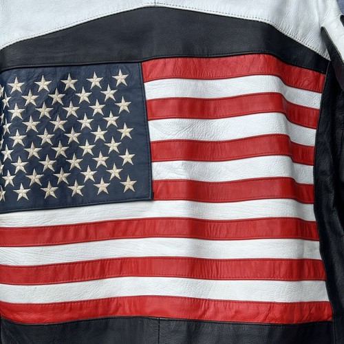 Christian Biker Leather Jacket Men’s Medium Large Big Quilted American Flag USA - Picture 3 of 12
