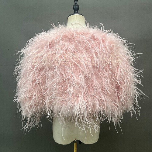 Women's Real Ostrich Feather Fur Shawl Fluffy Real Fur Poncho Wedding Bride Cape - Picture 19 of 54