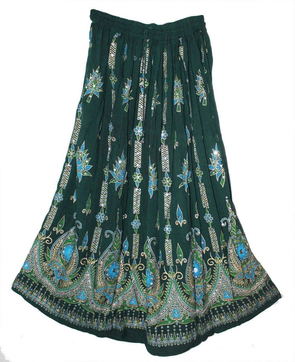 One Size XS To L Indian Ethnic Sequin Floral Maxi Skirt For Women