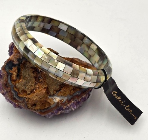 Cookie Lee Mother of Pearl Abalone Shell Mosiac 8" Bangle Bracelet 5/8" Thick