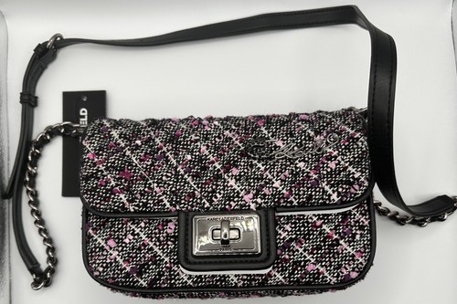 Karl Lagerfeld Purse Crossbody Agyness LH4EI502 Tweed Pink Purple Silver Black