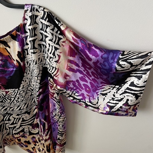 Cache' Abstract Animal Leopard Print Silk Top Dolman Sleeve Artsy 90s Purple S - Picture 3 of 7