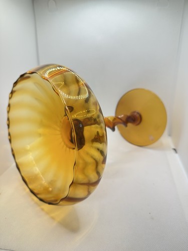 Italian Empoli Art Glass Optic Ribbed Twisted Stem Compote Candy Dish Amber 10”T - Picture 5 of 5