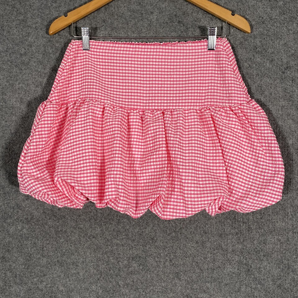 Good Luck Gem Skirt Womens L Pink Gingham Bubble Hem Mini Chiffon Summer