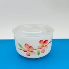 Vintage Fire-King Milk Glass Bowl with Lid Red Floral Hand Painted Made in USA