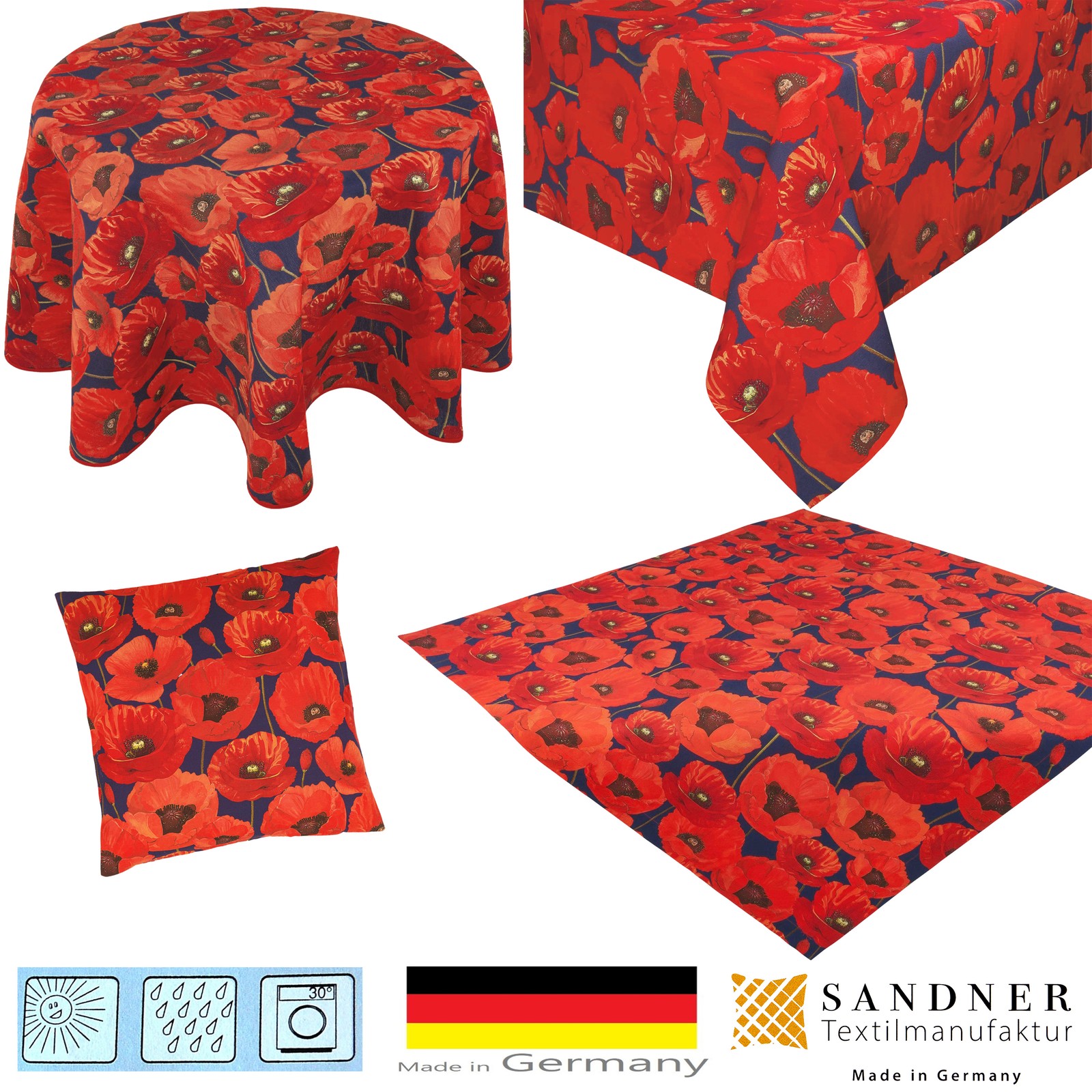 Outdoor Tischdecken Tischläufer Kissenbezüge Tafeltuch Mohnblume Made in Germany