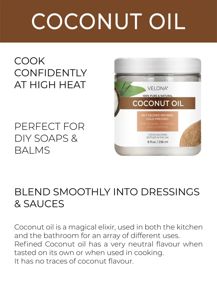 Aceite de coco 92 grados por Velona - 2 fl oz / 1 galón en frasco refinado prensado en frío Foto 2 de 4