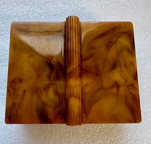 Vintage Butterscotch Bakelite Catalin Style Trinket Box Art Deco Marble Jewelry