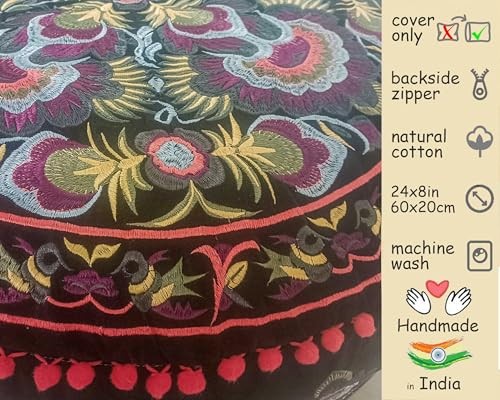 Runder Samt Pouf Bezug - Weich Bestickt Ottoman Rund Pouf Bezug Schwarz - Bild 4 von 7