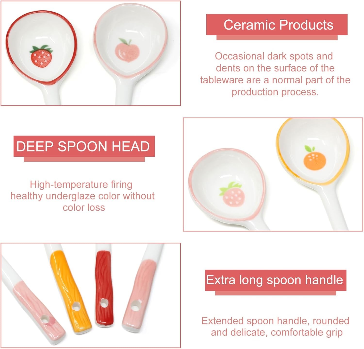 Honbay 4PCS Long Handle Ceramic Soup Spoons Cute Fruit Strawberry Multicolor 