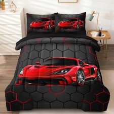 5 Pcs Race Car Twin Bedding Set for Boys, Red Sports Car Twin Boys Comforter ...