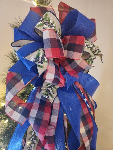 The Collette Red, Blue, and White Farmhouse Christmas Tree Topper bow 6 feet - Picture 3 of 10